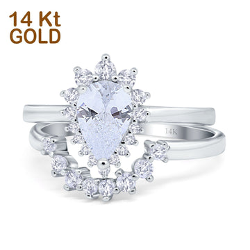 14K White Gold Teardrop Two Piece Art Deco Simulated CZ Wedding Ring Curved Band